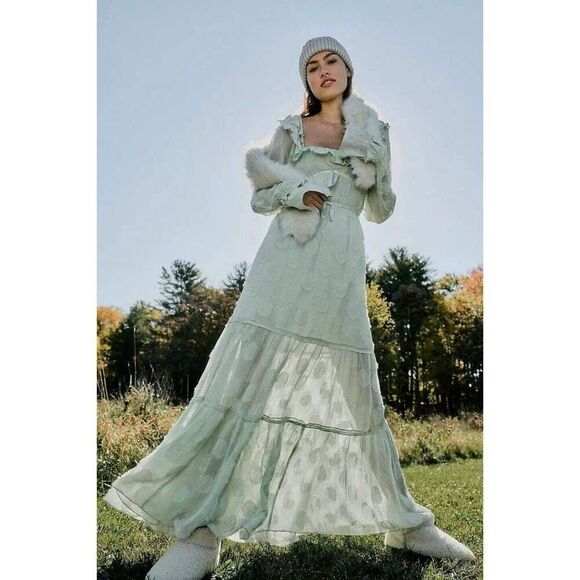 Free People Yara Maxi Dress Women's Size Small Mint Green Puff Sleeve Tiered - Picture 1 of 9